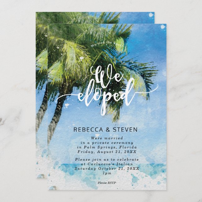 tropical palm tree beach we eloped invitation (Front/Back)