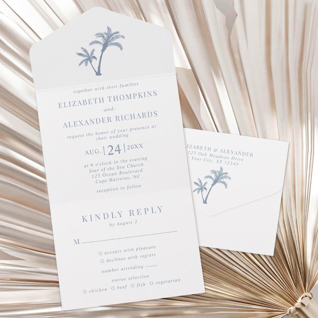 Tropical Palm Tree Beach Wedding Dusty Blue All In One Invitation (Creator Uploaded)