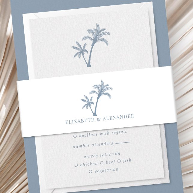 Tropical Palm Tree Beach Wedding Dusty Blue  Invitation Belly Band (Creator Uploaded)