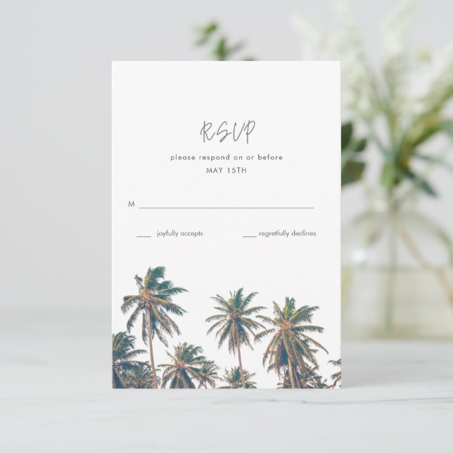Tropical Palm Tree Beach Wedding  RSVP Card (Standing Front)