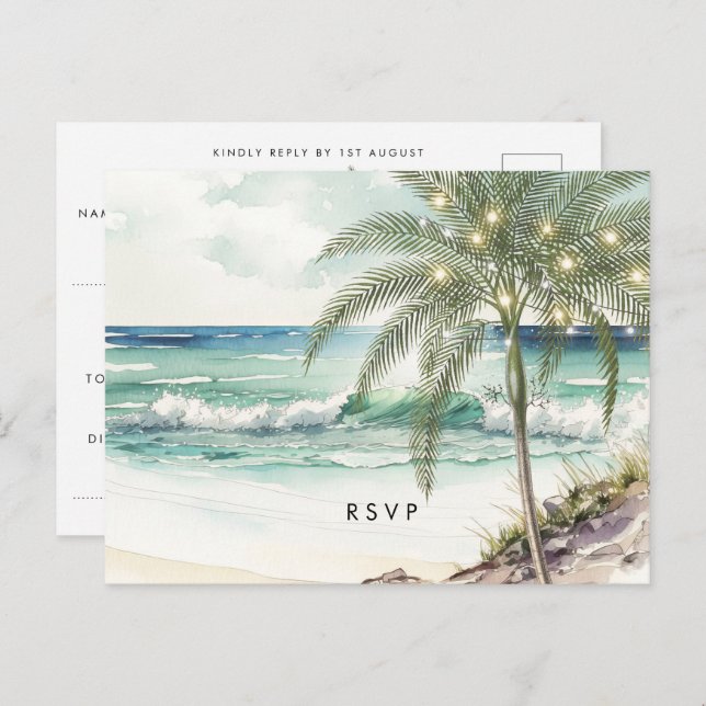 tropical palm tree beach wedding rsvp postcard (Front/Back)