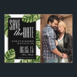 Tropical Palm Tree Beach Wedding Save the Date<br><div class="desc">This tropical palm tree wedding save the date card is perfect for a beach wedding. Featuring vintage, botanical palm leaves drawings and art deco inspired fonts, this beach wedding save the date can be customised online with your details and photo. It has a black and white striped backer, a modern,...</div>