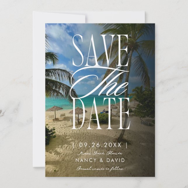 Tropical Palm Tree Beach Wedding  Save The Date (Front)