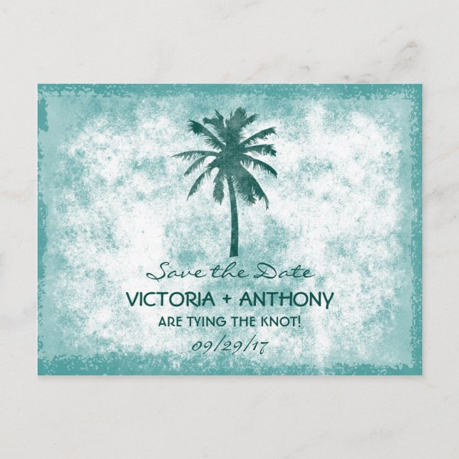 Tropical Palm Tree Beach Wedding Save The Date Announcement Postcard (Front)