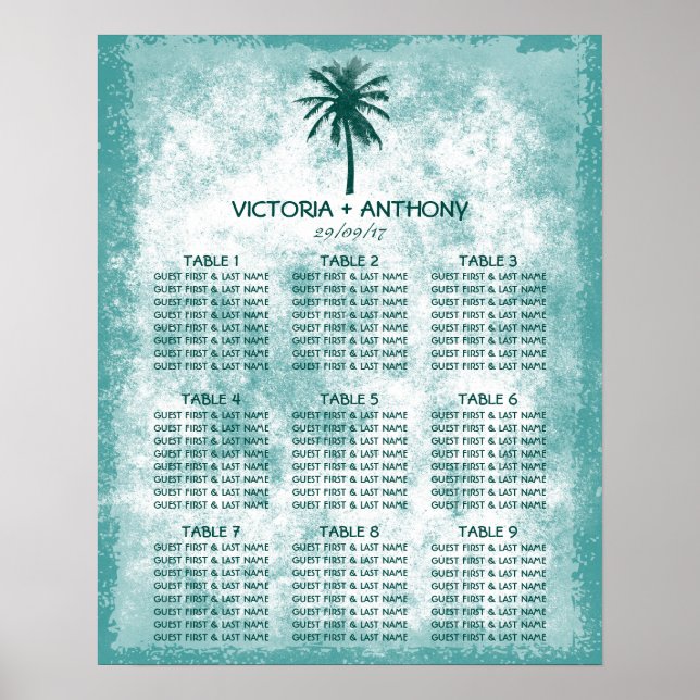 Tropical Palm Tree Beach Wedding Seating Chart (Front)