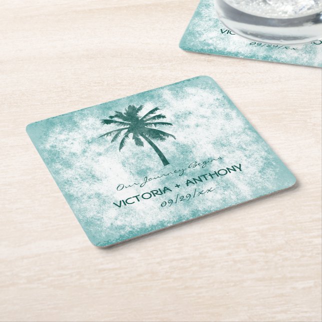 Tropical Palm Tree Beach Wedding Square Paper Coaster (Angled)