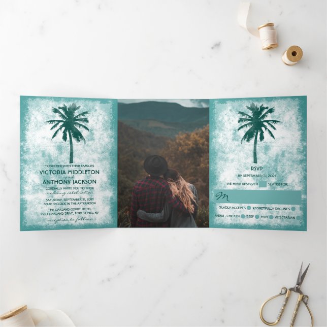Tropical Palm Tree Beach Wedding Suite Tri-Fold Invitation (Inside)