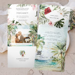 Tropical Palm Tree Beach Wedding Tri-Fold Invitation<br><div class="desc">Features exotic watercolor greenery and flowers against a soft ocean background. Set the tone for an exciting wedding weekend with a custom itinerary invitation. This "roomy" invitation is a great way to give your guests additional information on the wedding. These cards can list the festivities surrounding your wedding weekend, such...</div>