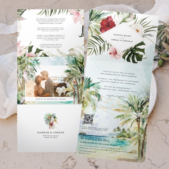 Tropical Palm Tree Beach Wedding Tri-Fold Invitation (Creator Uploaded)