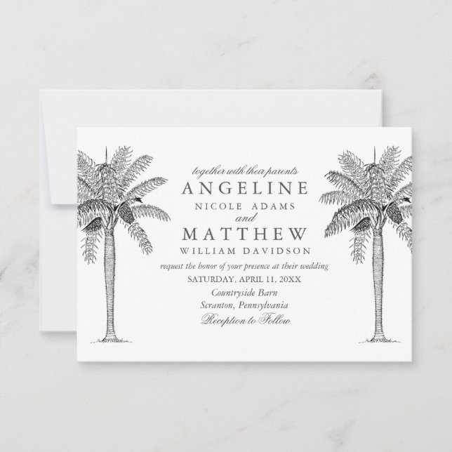Tropical Palm Tree Black and White Wedding Card (Front)