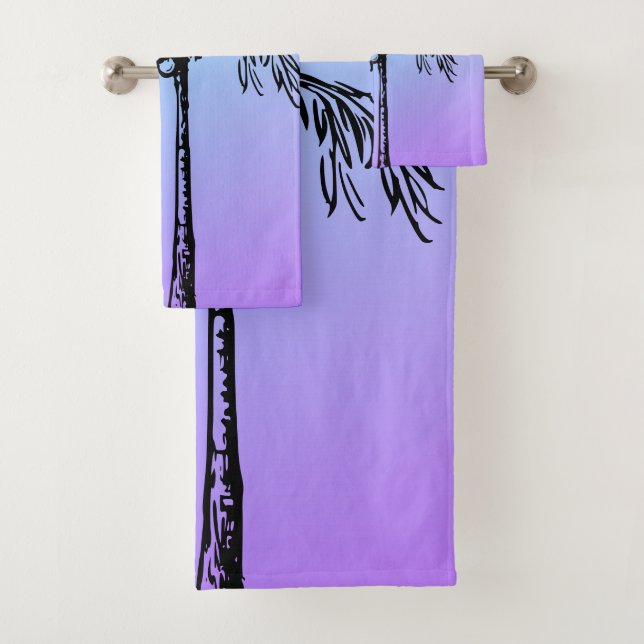 Tropical Palm Tree Black Blue Purple Sky Bath Towel Set (Insitu)