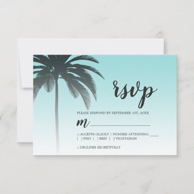 Tropical Palm Tree Blue Beach Wedding RSVP Card (Front)