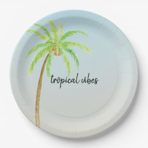 Tropical Palm Tree Blue Ombre Paper Plate