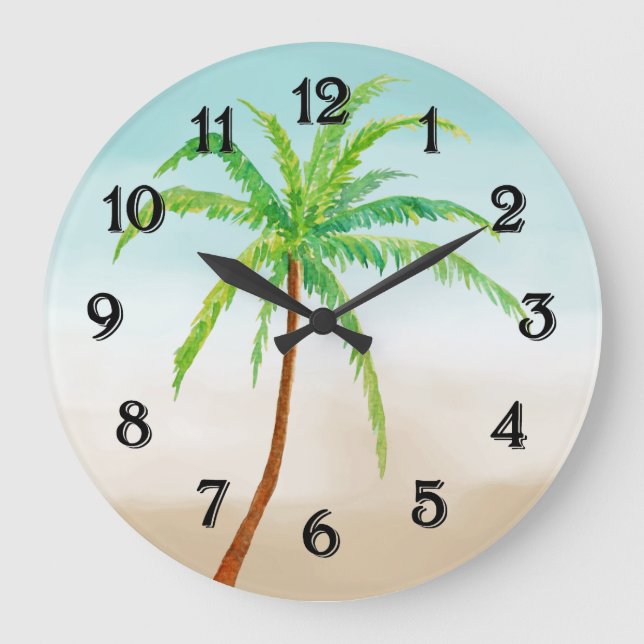 Tropical Palm Tree Blue Sand Ombre Large Clock (Front)