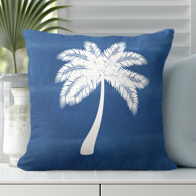 Tropical Palm Tree Blue White Cushion (Transform Your Room with Coastal Throw Pillows.)