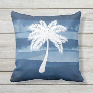 Tropical Palm Tree Blue White Outdoor Pillow