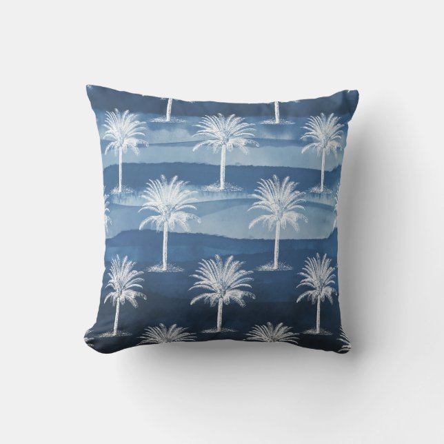 Tropical Palm Tree Blue White Pattern Cushion (Front)