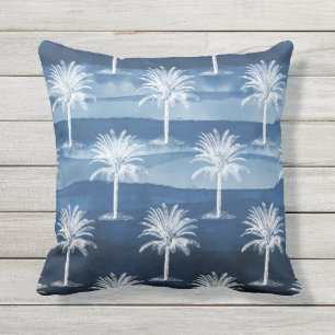 Tropical Palm Tree Blue White Pattern Cushion