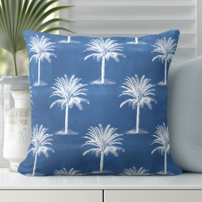 Tropical Palm Tree Blue White Pattern Throw Pillow (Discover Gorgeous Coastal Throw Pillows by Totally Coast.)