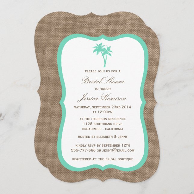 Tropical Palm Tree Burlap Beach Bridal Shower Invitation (Front/Back)