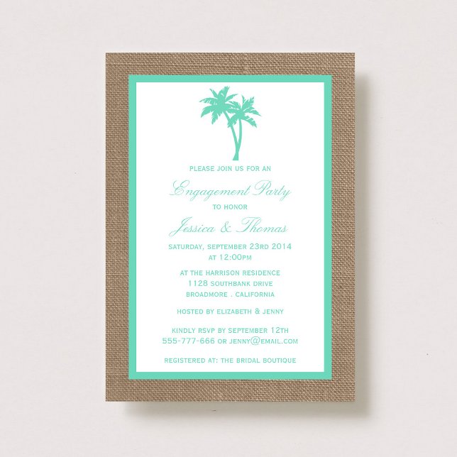 Tropical Palm Tree Burlap Beach Engagement Party Invitation (Creator Uploaded)