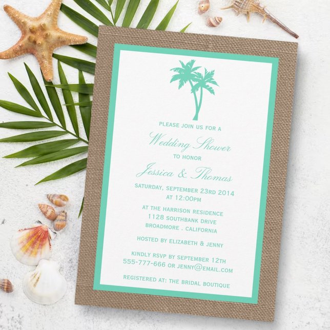 Tropical Palm Tree Burlap Beach Wedding Shower Invitation (Creator Uploaded)