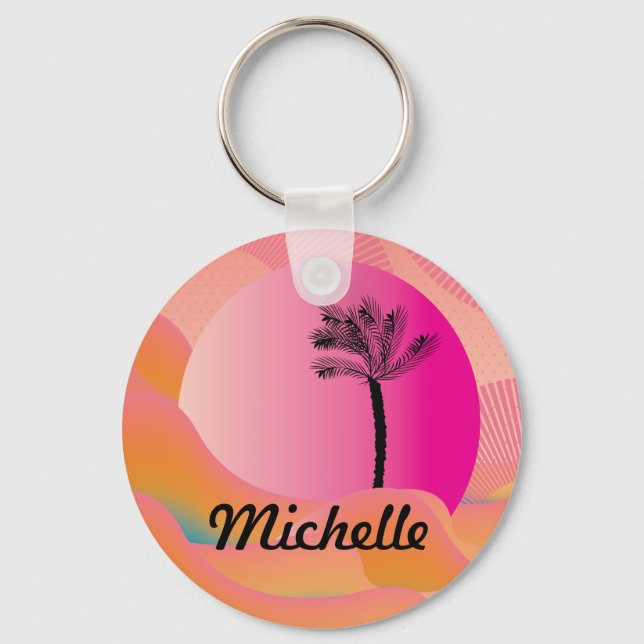 Tropical Palm Tree Colourful Pink Pattern Name  Key Ring (Front)