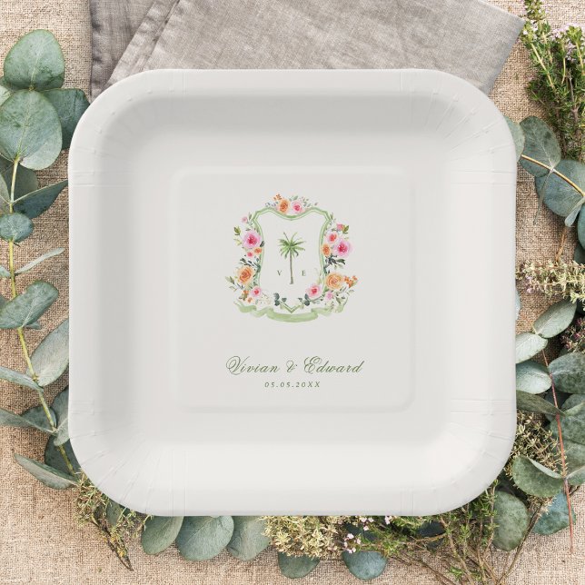 Tropical Palm Tree Crest Monogram Summer Wedding Paper Plate (Creator Uploaded)