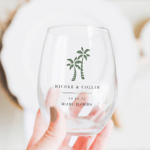 Tropical Palm Tree Destination Wedding Favour Stemless Wine Glass