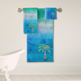 Tropical Palm Tree Distressed Ocean Beachy Bath Towel Set