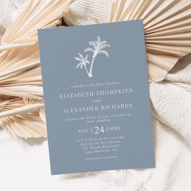 Tropical Palm Tree Dusty Blue Beach Wedding Invitation (Creator Uploaded)