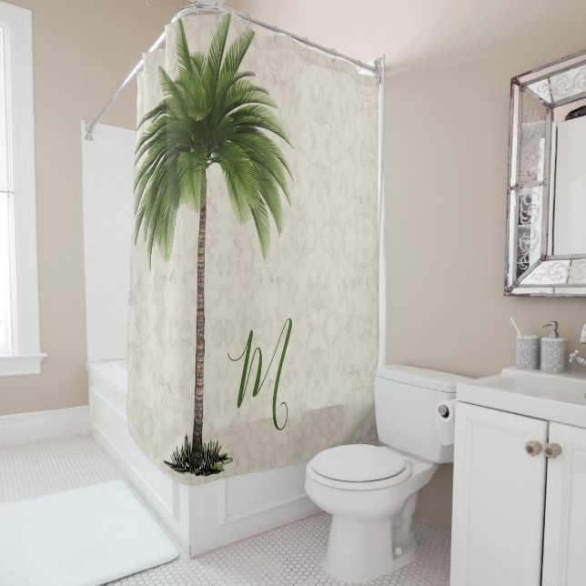 Tropical  Palm Tree  Elegant Champagne Marble Shower Curtain (In Situ)