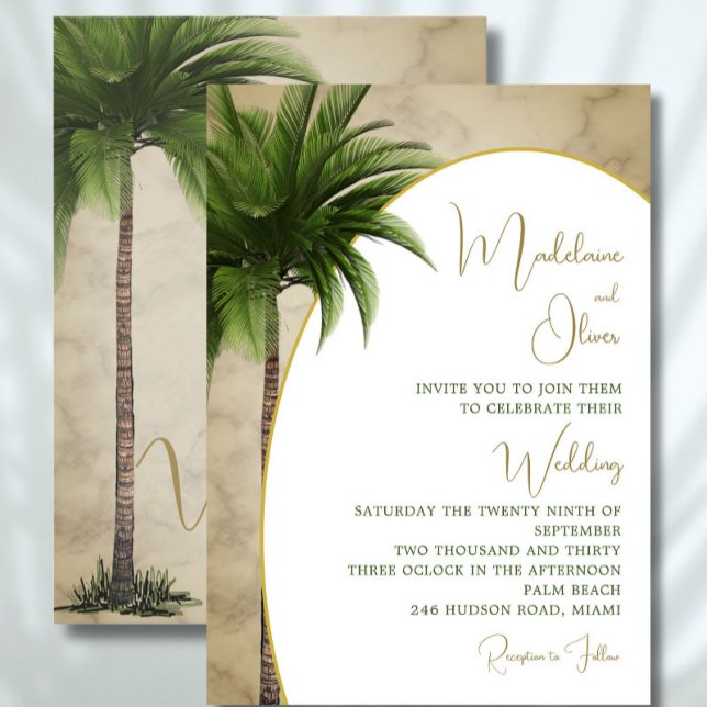 Tropical Palm Tree Elegant Marble Gold Wedding Invitation (Creator Uploaded)