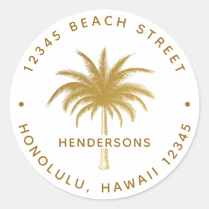 Tropical Palm Tree Family Name Gold Return Address Classic Round Sticker