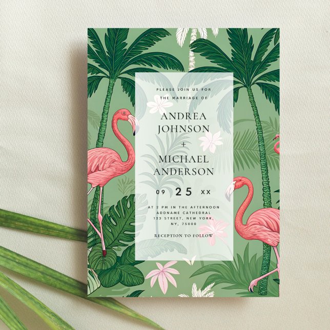 Tropical Palm Tree Flamingo Destination Wedding Invitation (Creator Uploaded)