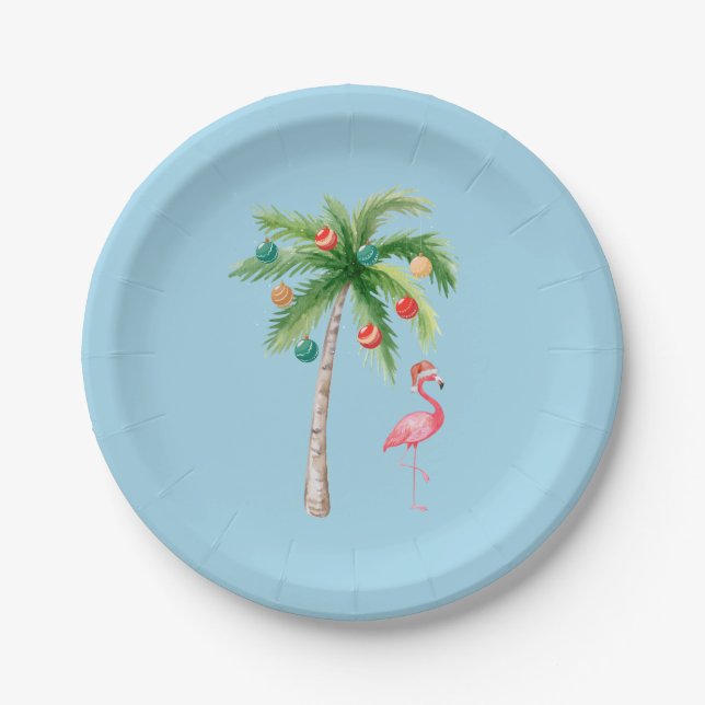 Tropical Palm Tree Flamingo Holiday Party  Paper Plate (Front)