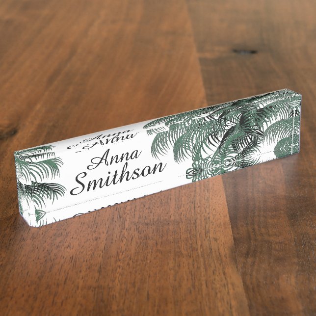 Tropical Palm Tree Fronds Leaf Art Desk Name Plate (Side)