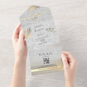 Tropical Palm Tree Gold Beach Wedding All In One Invitation