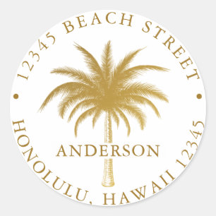 Tropical Palm Tree Gold Return Address  Classic Round Sticker