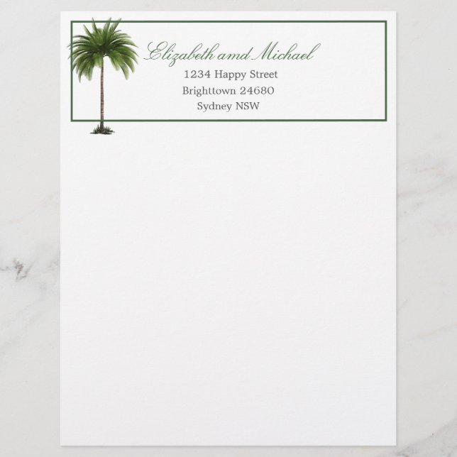  Tropical Palm Tree Green Stylish Wedding  Custom Letterhead (Front)