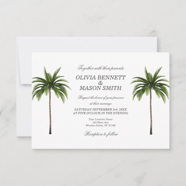 Tropical Palm Tree Green Wedding Card (Front)