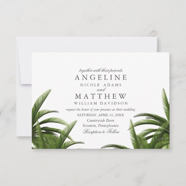 Tropical Palm Tree Green Wedding Card (Front)