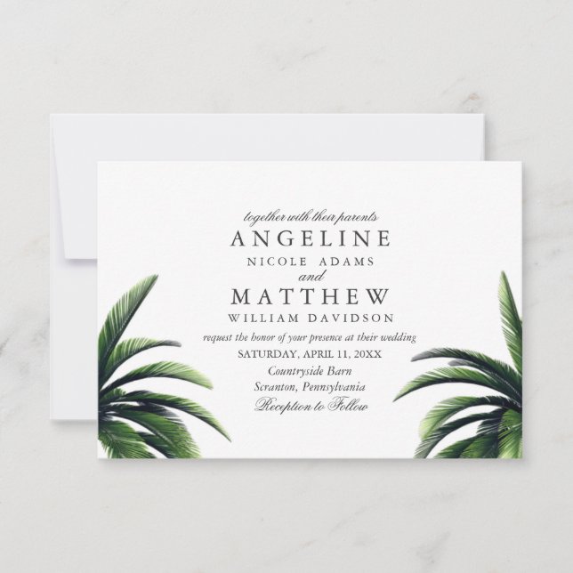 Tropical Palm Tree Green Wedding Card (Front)