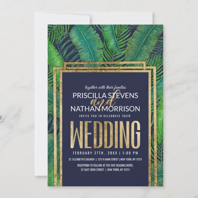 Tropical Palm Tree Greenery Gold Navy Blue Wedding Invitation (Front)