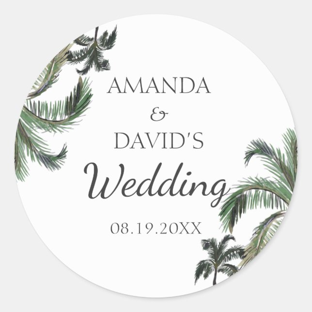 Tropical Palm Tree Greenery Island Beach Wedding Classic Round Sticker (Front)