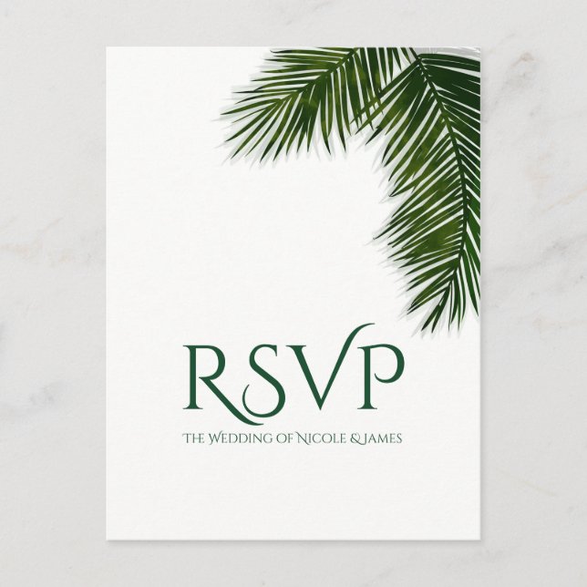 Tropical Palm Tree Leaf Elegant Party Wedding RSVP Invitation Postcard (Front)