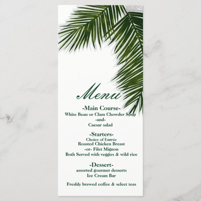 Tropical Palm Tree Leaf Elegant Wedding Menu (Front)