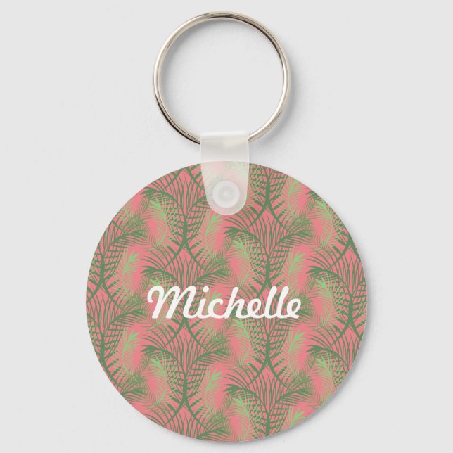Tropical Palm Tree Leaf Pink Pattern Name   Key Ring (Front)