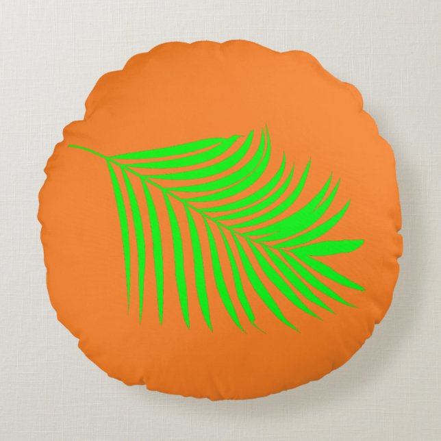 Tropical Palm Tree Leaves Green Sunset Orange Gift Round Cushion (Front)