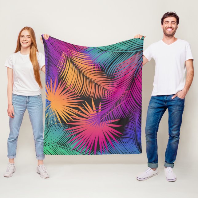 Tropical Palm Tree Leaves Jungle Rainbow Fleece Blanket (In Situ)